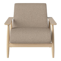 Beige upholstered armchair with a minimalist design and light wood frame, featuring smooth, soft fabric.