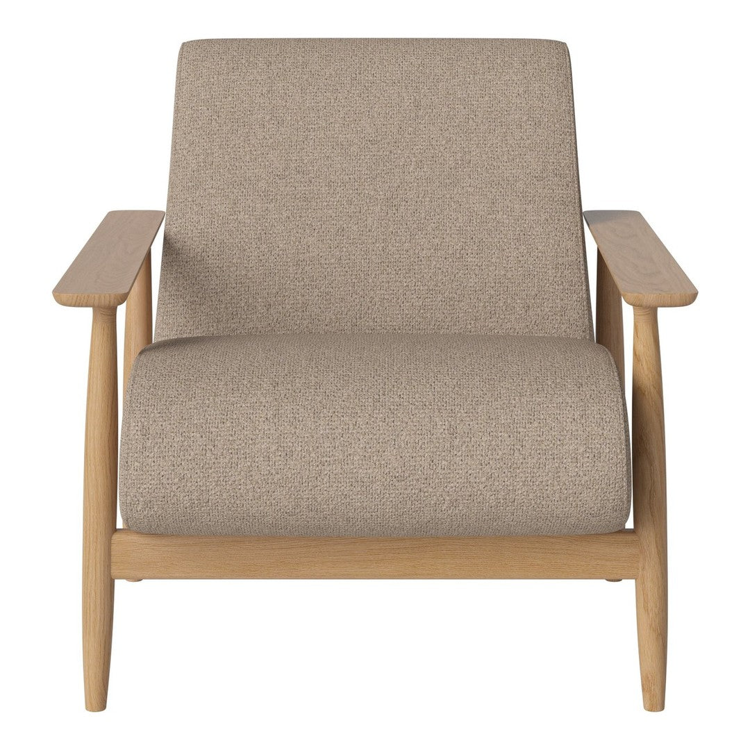 Light brown upholstered armchair with a simple, modern design and natural wood accents. Perfect for minimalist decor.