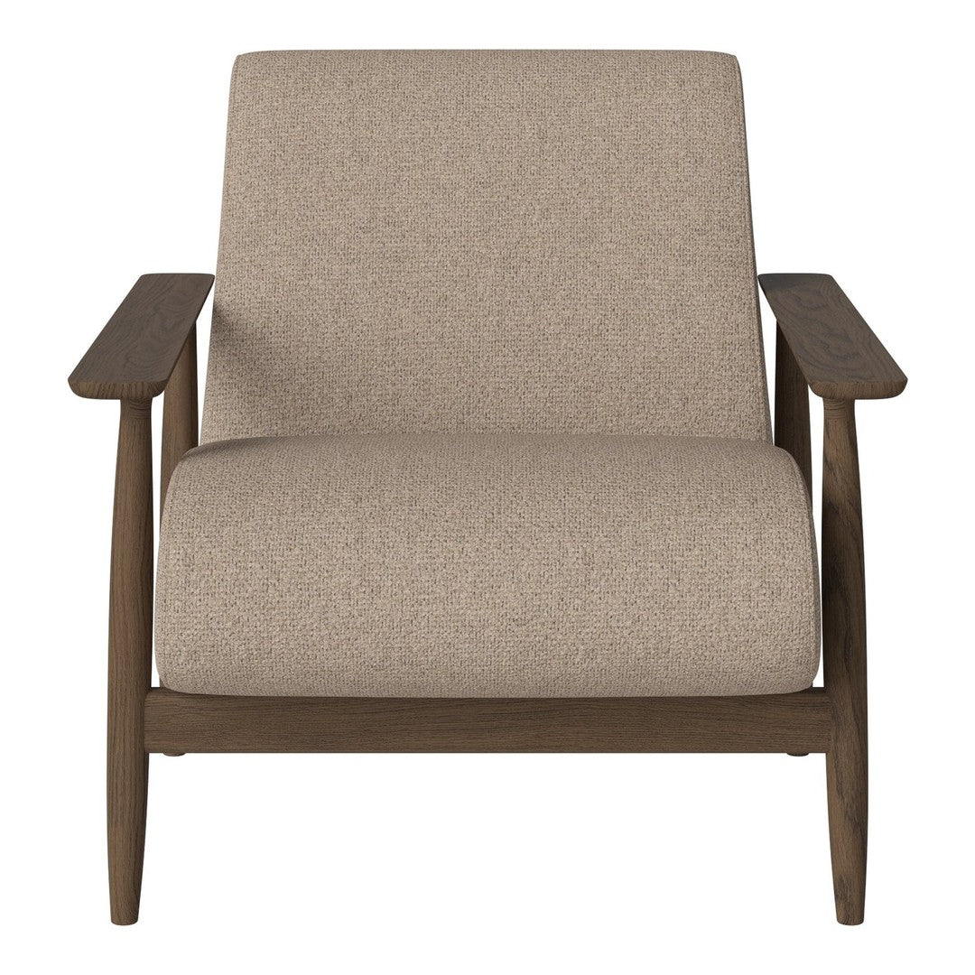 Beige textured upholstery armchair with a natural wood frame and minimalist design. Perfect for modern decor.