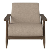 Beige textured upholstery armchair with a natural wood frame and minimalist design. Perfect for modern decor.