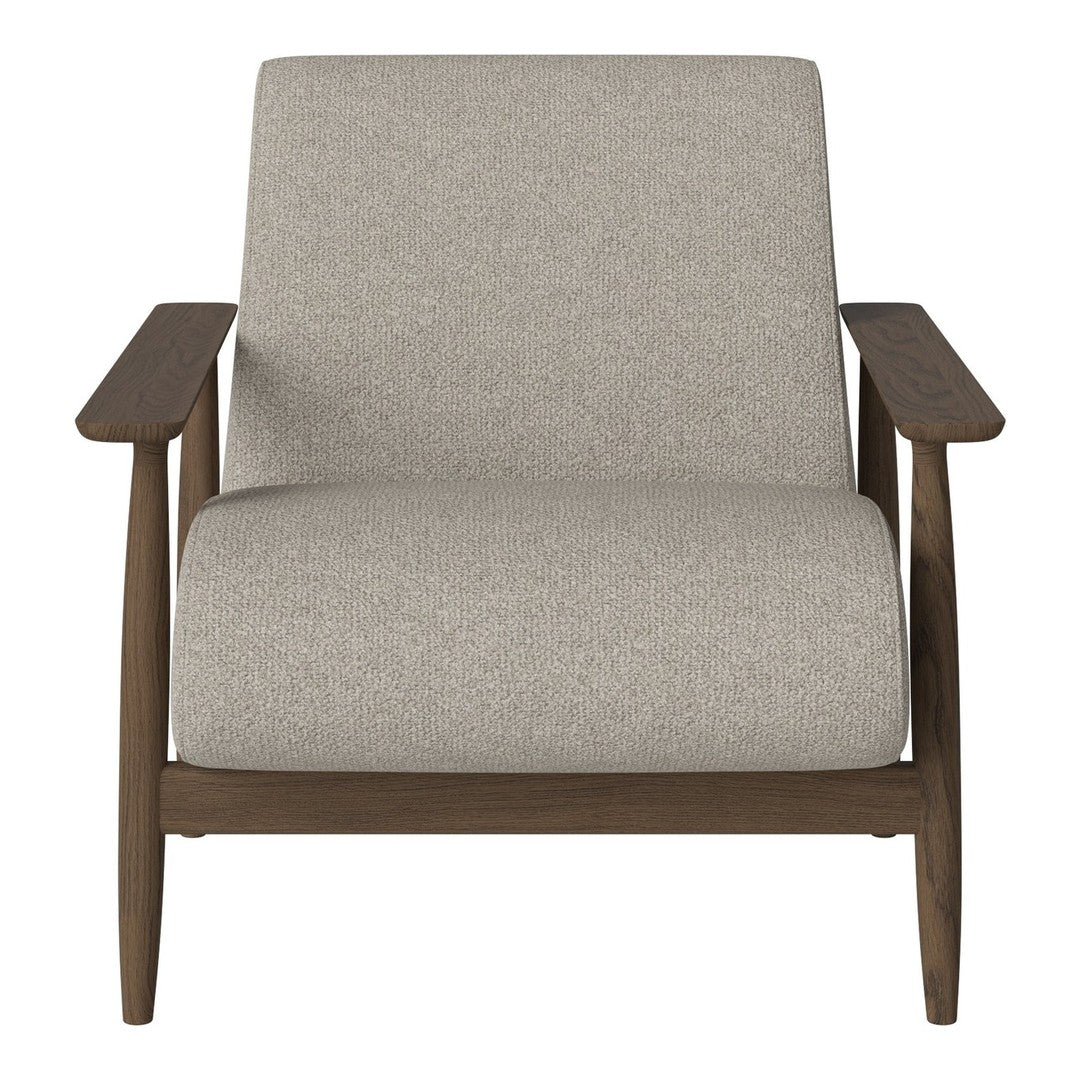 Light gray upholstered armchair with walnut wood arms and a minimalist design. Perfect for modern decor.