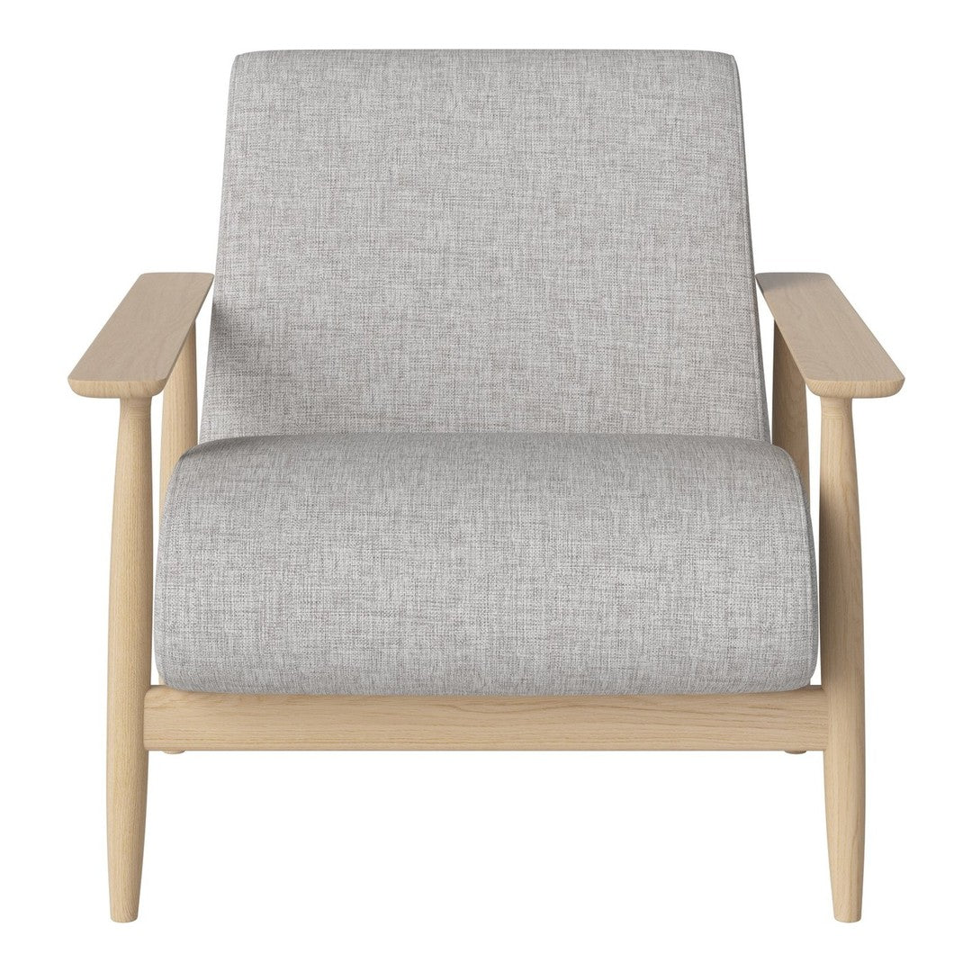 Light gray fabric lounge chair with a minimalist design and natural wood arms and legs, perfect for modern decor.