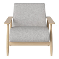 Light gray fabric lounge chair with a minimalist design and natural wood arms and legs, perfect for modern decor.