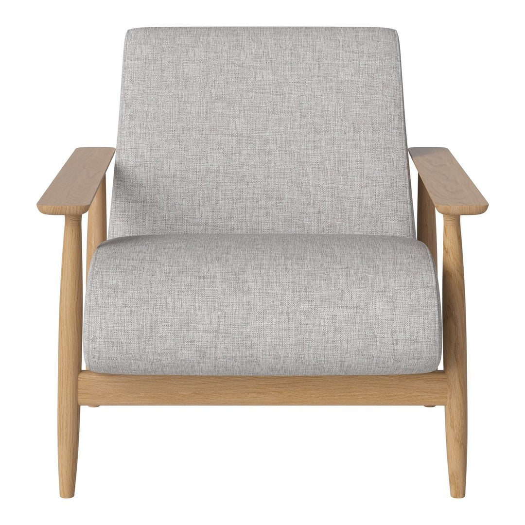 Light gray upholstered chair with a textured finish and natural wood frame, perfect for modern decor.