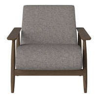 Gray upholstered chair with a textured pattern and wooden armrests, perfect for modern decor.