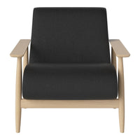 Black upholstered armchair with light wood arms and frame, featuring a minimalist design and smooth texture.