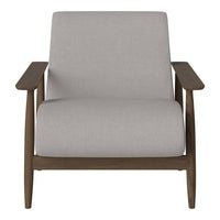 Gray upholstered armchair with natural wood arms, featuring a minimalist design and streamlined silhouette.
