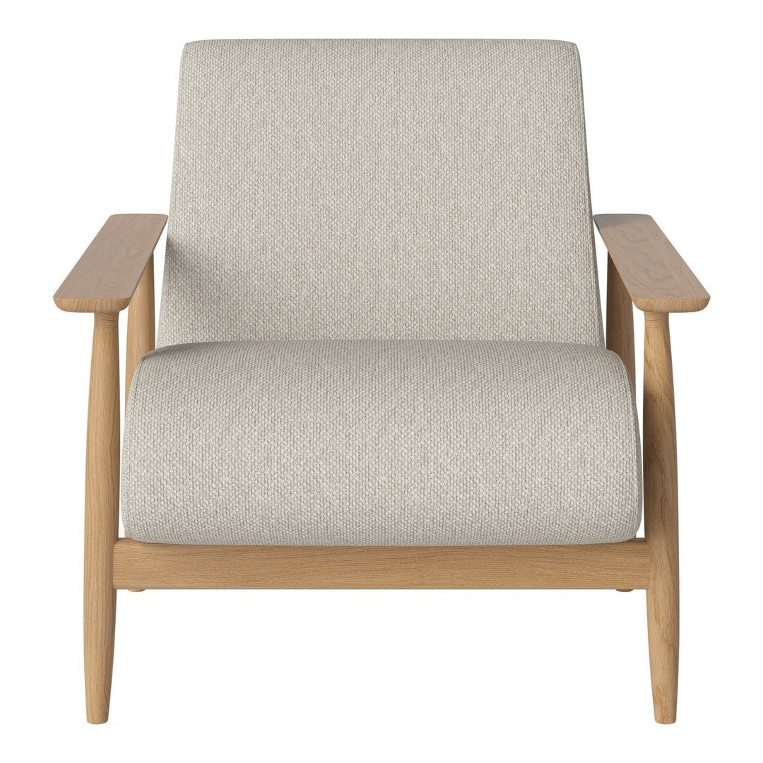 Light gray upholstered chair with textured fabric and natural wood arms, featuring a minimalist design.