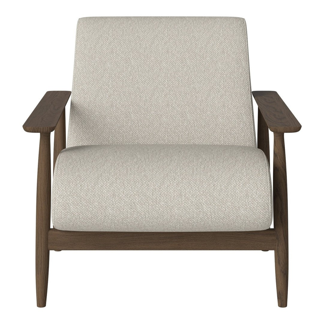 Light grey upholstered armchair with natural wood arms, featuring a minimalist, modern design.