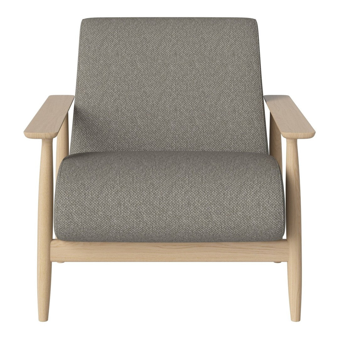 Gray upholstered armchair with a minimalist design and natural wood arms, perfect for modern decor.