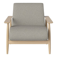 Light gray upholstered chair with a minimalist design and natural wood armrests. Perfect for modern decor.