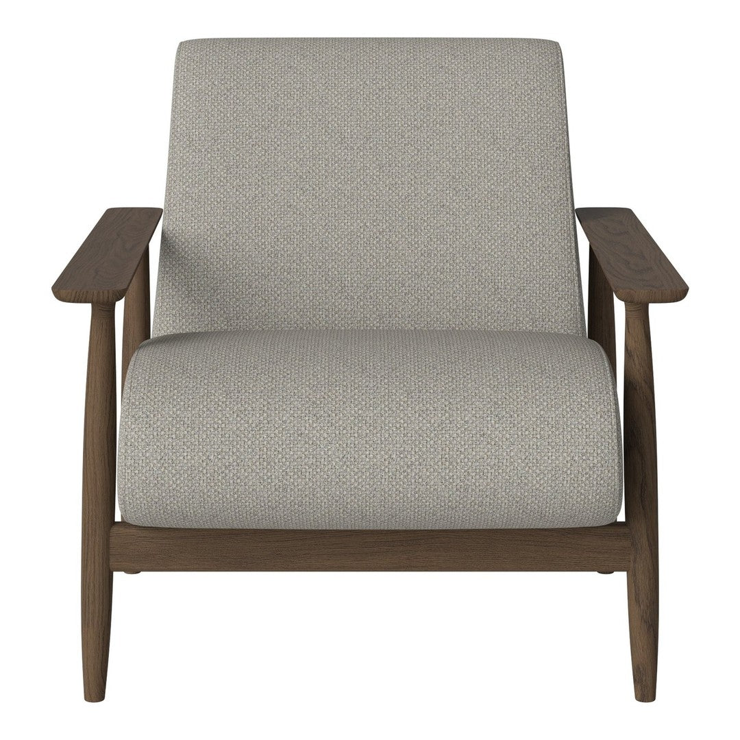 Gray upholstered armchair with a textured pattern and wooden arms, offering a modern, minimalist look.