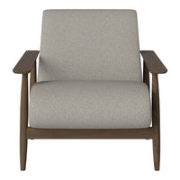 Gray upholstered armchair with a textured pattern and wooden arms, offering a modern, minimalist look.