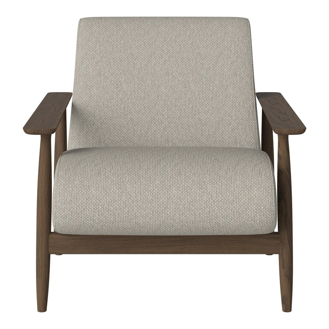Light gray upholstered armchair with a textured finish and dark wood armrests, perfect for modern interiors.