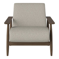 Light gray upholstered armchair with a textured finish and dark wood armrests, perfect for modern interiors.