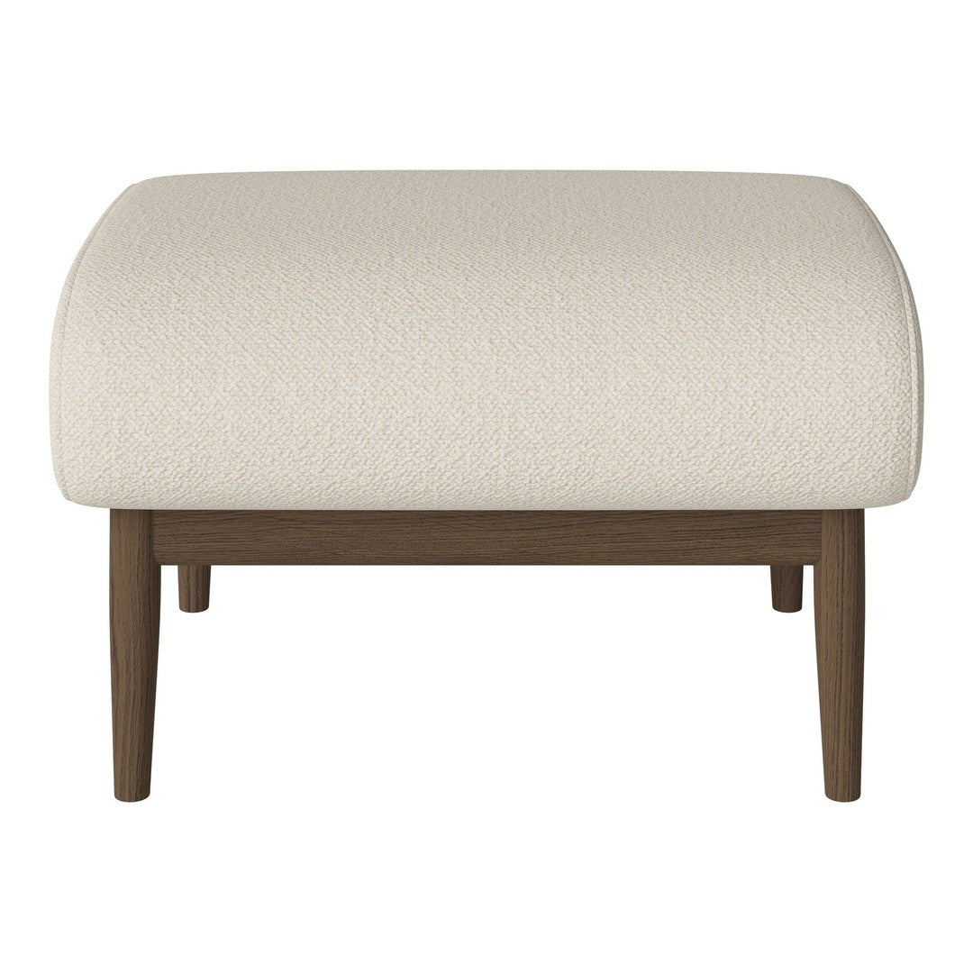 Cream upholstered ottoman with a textured finish and wooden legs, perfect for modern decor.