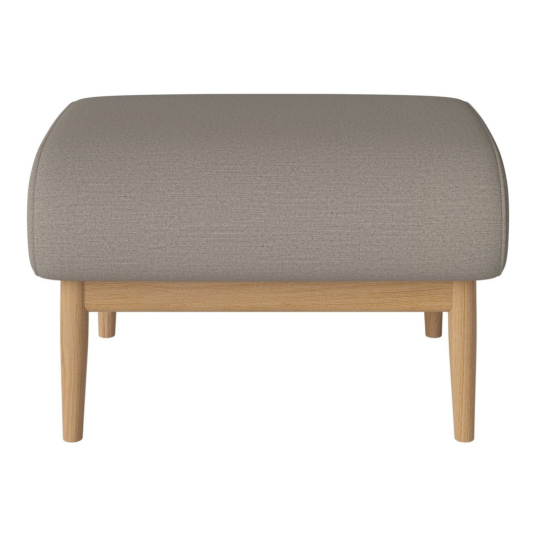 Gray upholstered ottoman with a rounded top and natural wood legs. Simple, modern design ideal for any decor.