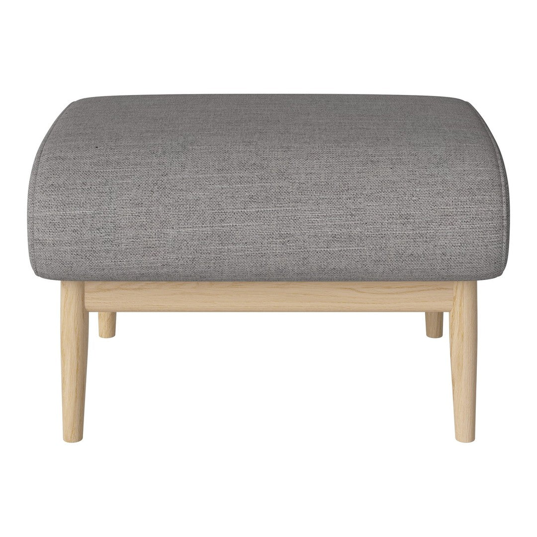 Gray upholstered ottoman with a smooth texture and natural wood legs, perfect for modern decor.