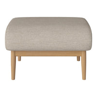 Light beige upholstered ottoman with a smooth texture and natural wood legs, perfect for modern decor.
