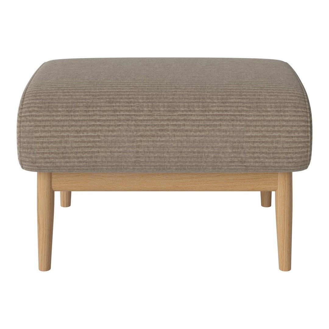 Beige ribbed upholstery ottoman with light wooden legs for a modern touch in home decor.