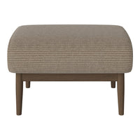 Beige striped ottoman with wooden legs, blending modern and classic design elements for versatile decor.