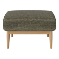 Olive green striped fabric ottoman on natural wood legs, adding a modern touch to any living space.