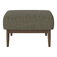 Olive green striped ottoman with tapered wooden legs, perfect for modern home decor. Ideal for stylish seating solutions.