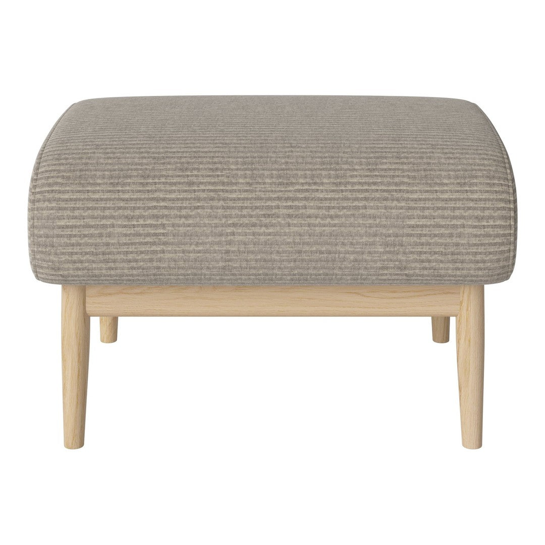 Light gray striped ottoman with a minimalist wooden base, showcasing a soft, textured fabric design.