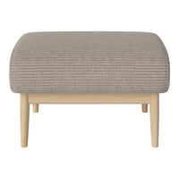 Light gray striped ottoman with a minimalist wooden base, showcasing a soft, textured fabric design.