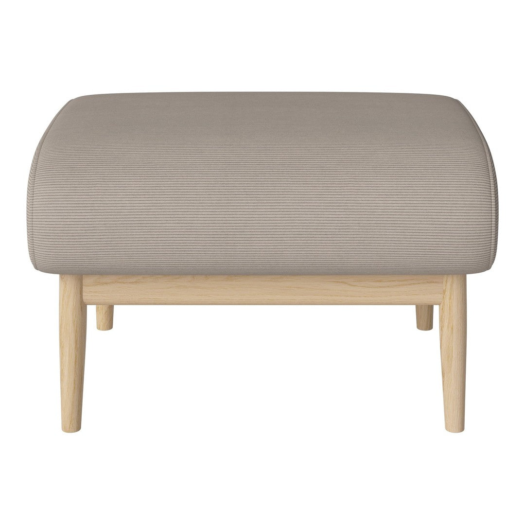 Light grey upholstered ottoman with curved top and natural wood legs, perfect for modern decor.