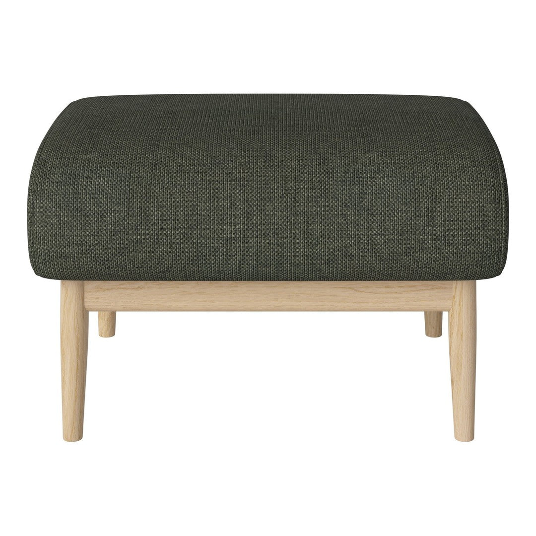 Olive green upholstered ottoman with a textured pattern and light wooden legs. Perfect for modern decor.