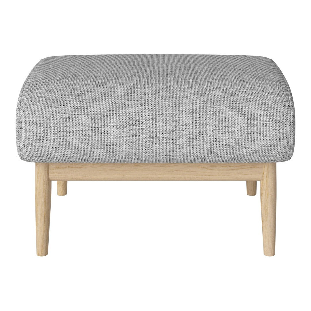 Gray textured upholstery on a modern ottoman with light wooden legs. Ideal for contemporary decor.