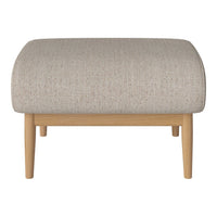 Beige textured ottoman with a smooth, rounded top and light wooden legs, perfect for modern decor.