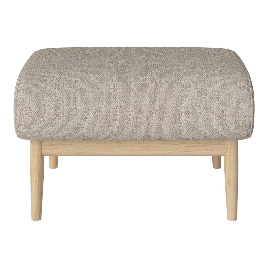 Light beige upholstered ottoman with a subtle textured pattern and natural wood legs. Ideal for modern decor.