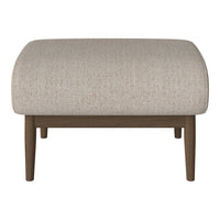 Light beige ottoman with a textured fabric and dark wooden legs, featuring a simple, modern design.