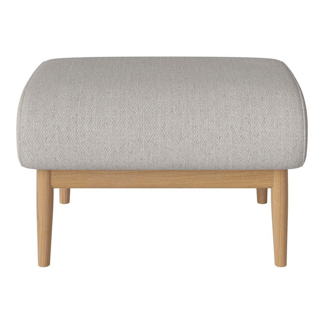 Light gray ottoman with a textured fabric finish and natural wood legs, featuring a simple, modern design.