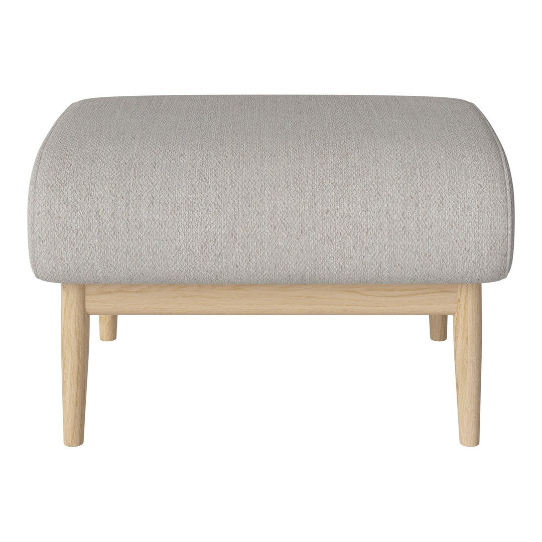 Light gray upholstered ottoman with smooth texture and natural wooden legs, showcasing a minimalist design.