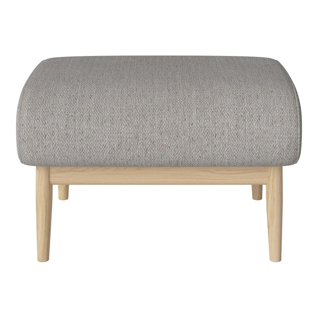 Light gray upholstered ottoman with a textured fabric and natural wood legs, perfect for modern decor.