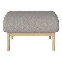 Light gray upholstered ottoman with a textured fabric and natural wood legs, perfect for modern decor.