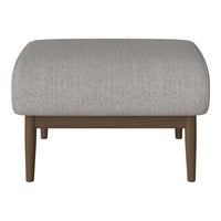 Gray fabric ottoman with a textured pattern and wooden legs, offering a modern and elegant look for any space.