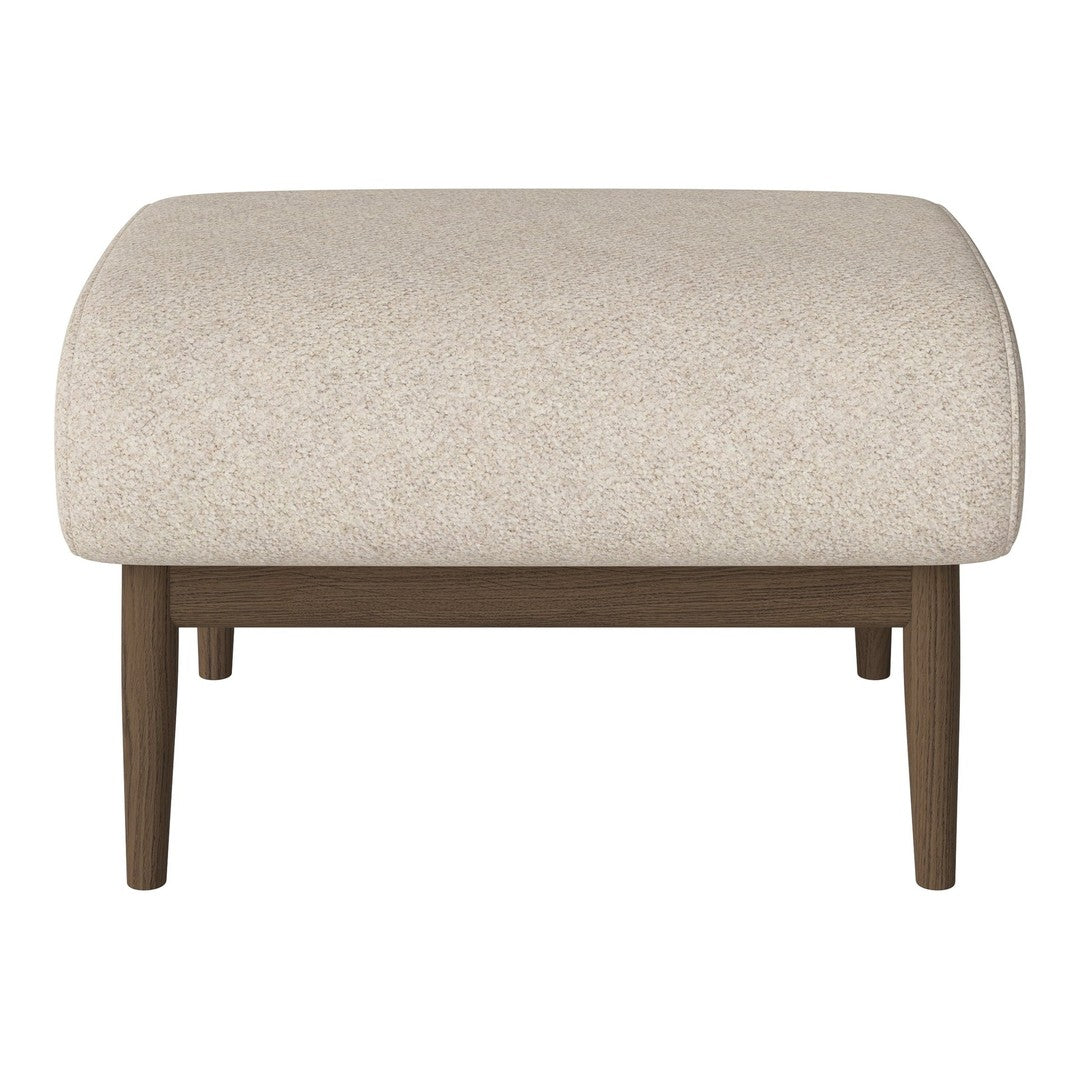 Beige upholstered ottoman with a textured pattern and wooden legs. Perfect for modern or contemporary decor.