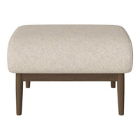 Beige upholstered ottoman with a textured pattern and wooden legs. Perfect for modern or contemporary decor.