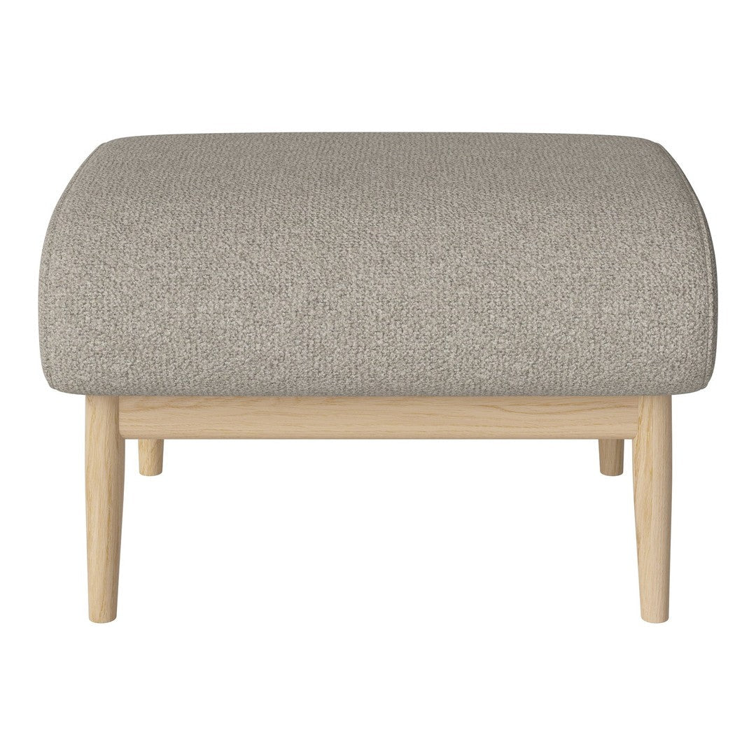 Light gray upholstered ottoman with a smooth texture, complemented by natural wood legs in a minimalist design.