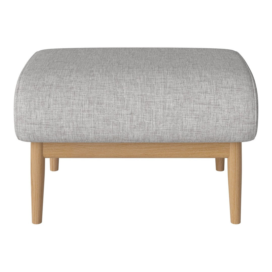 Light gray upholstered ottoman with a textured finish and natural wood legs. Ideal for modern decor.