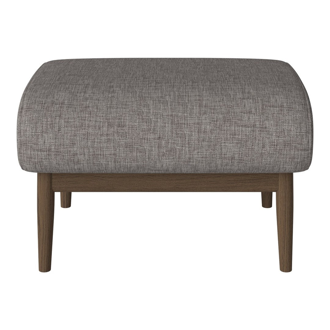 Gray upholstered ottoman with a textured fabric finish and wooden legs. Modern and stylish design for any room.