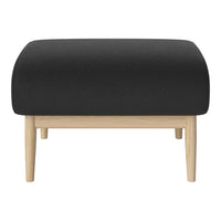 Black upholstered ottoman with smooth texture and natural wood legs. Modern, minimalist design for stylish decor.