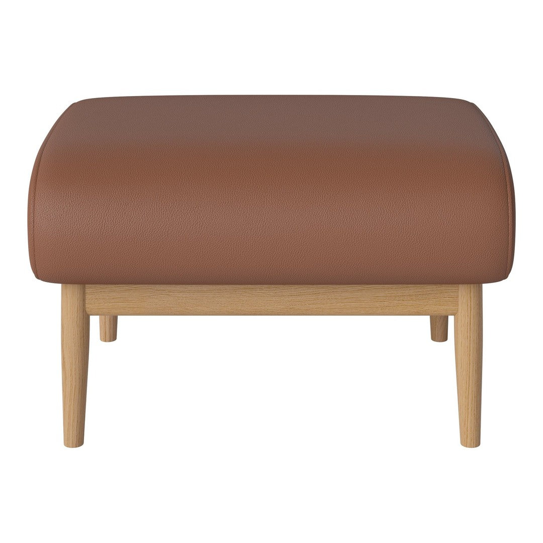 Brown leather ottoman with smooth texture and natural wooden legs, perfect for modern living spaces.