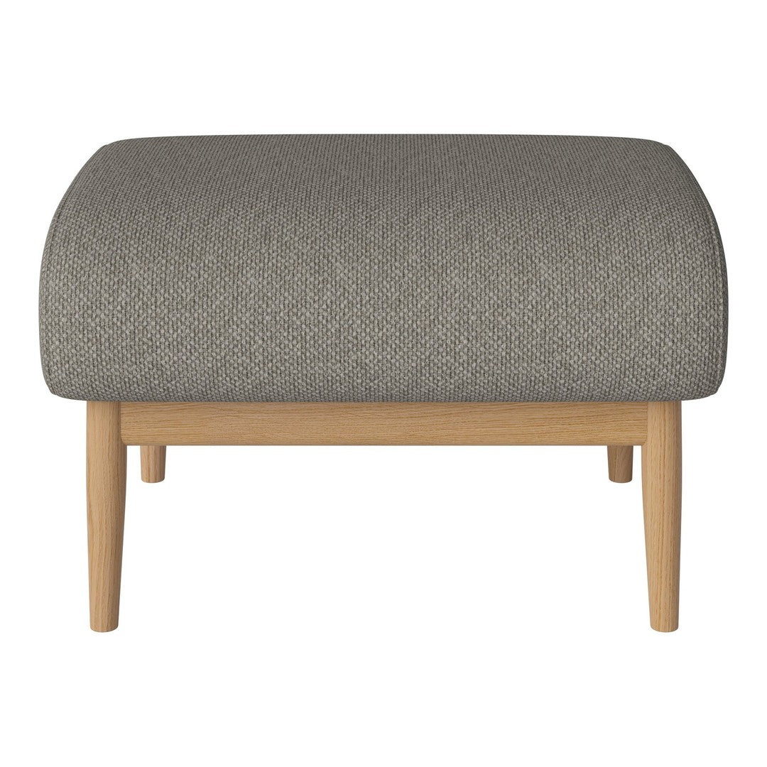Gray upholstered ottoman with a subtle texture, paired with natural wood legs for a modern look.