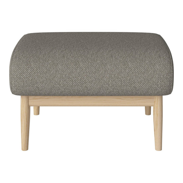 Gray upholstered ottoman with a textured pattern and light wooden legs, adding modern elegance to any space.