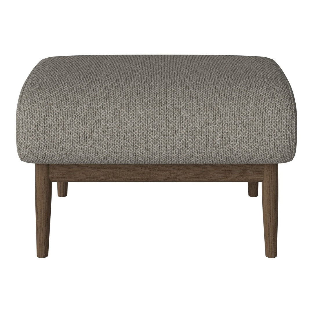 Gray upholstered ottoman with a subtle textured pattern and wooden legs, perfect for modern decor.